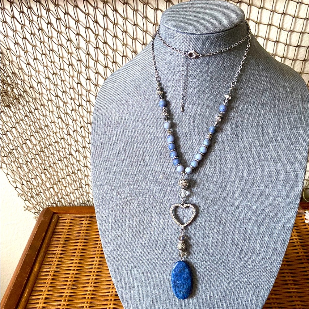 Vintage 90s Lapis Lazuli Stone & Rhinestoned Heart Pendant Necklace